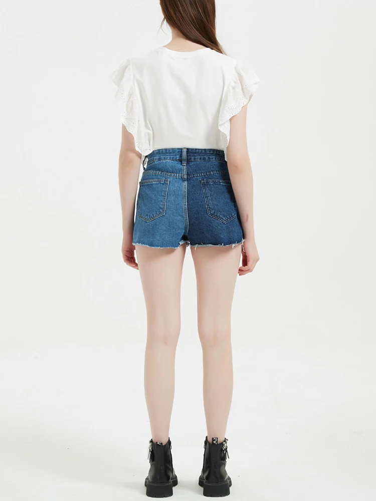 Streetwear Women High Waist Frayed Raw Hem Blue Denim Shorts Summer Female Button Loose Jeans Shorts Bottoms