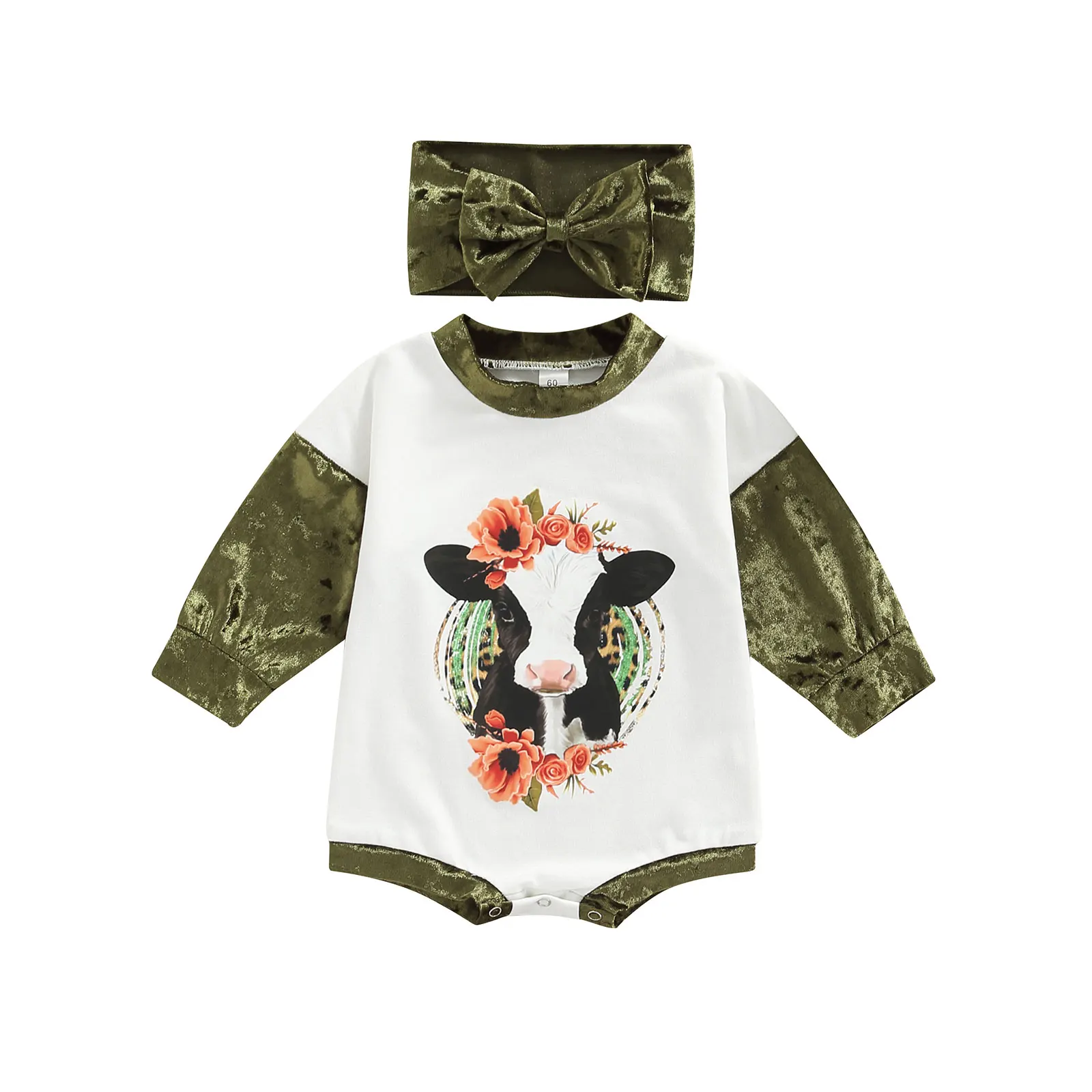 

0-18M Infant Baby Girl Boy 2Pcs Fall Outfits Long Sleeve Cow Floral Print Romper Headband Set