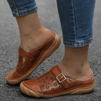 women sandals buckle retro style women flat sandals rubber shoes 2021comfortable hollow out flowers leather slides outdoor shoes