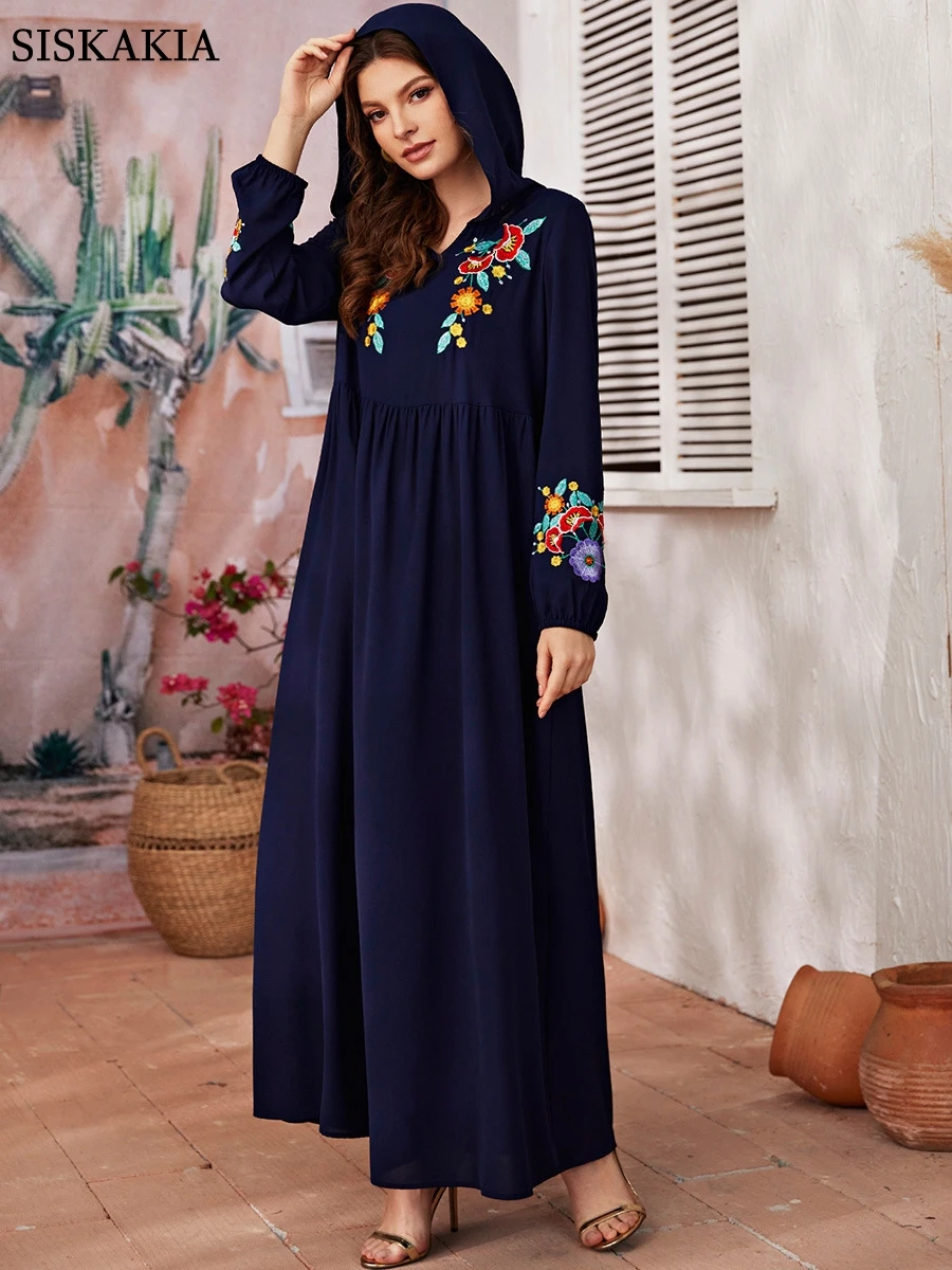 

Women Elegant Hoodie Dress Retro Ethnic Embroidered Flower Long Sleeve 2022 Summer Dress Women Street Wear Casual Maxi Dress