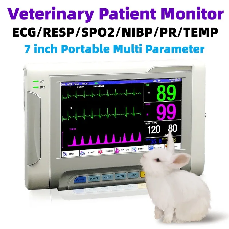 

Veterinary Vital Signs Monitor 7 inch screen portable 6-Parameters Patient Monitor ECG/RESP/SPO2/NIBP/PR/TEMP