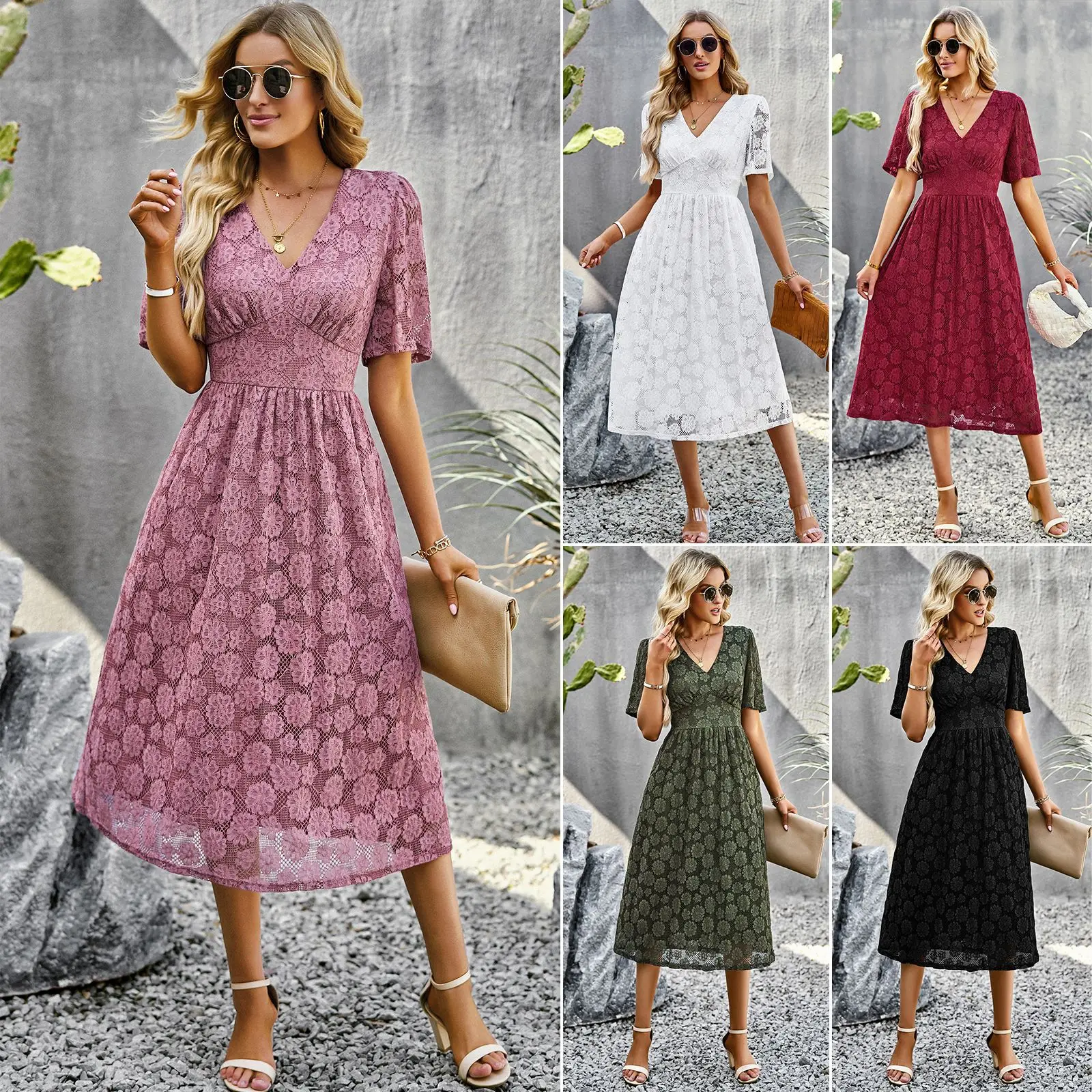 

Women Dresses Summer Fashion V-neck Lace Hollow Out Waist Retraction Elegant Temperament Dress Robe Casual Dress