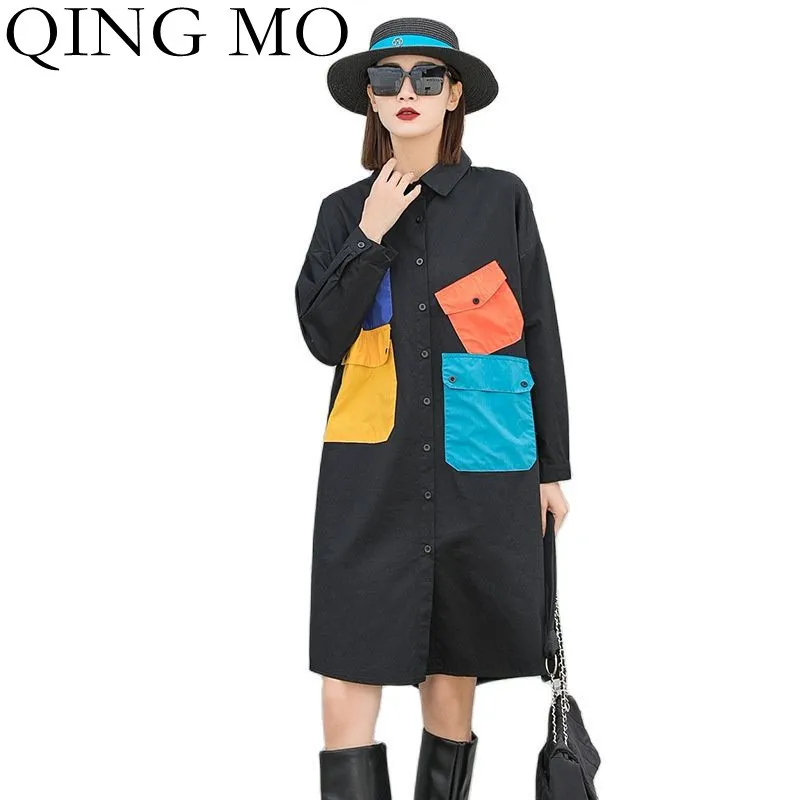 

QINGMO 2023 Spring New Lapel Long-sleeved Shirt Dress Women Large Size Contrast Color Stitching Pocket Loose Dress Black ZWL2126