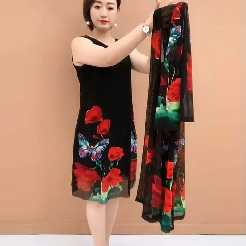 

Новинка 2022, комплект из двух предметов, платье средней длины, летний Свободный кардиган, пальто с принтом, костюм для матери среднего возрас...