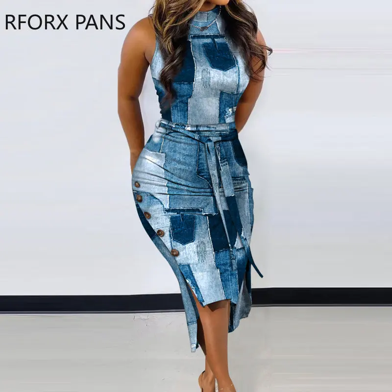 

Women Casual Sleeveless Button Decoration with Belt Ripped Patchwork Midi Denim Dress