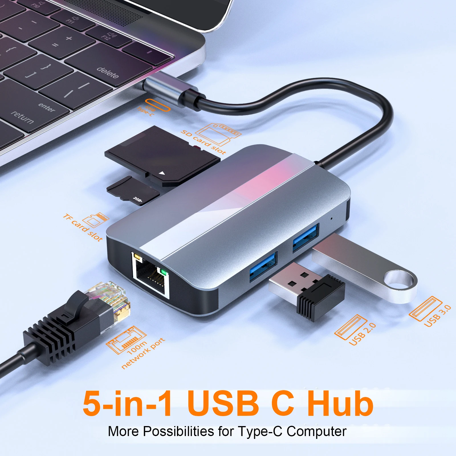 

5-IN-1 USB C Hub Type-C Docking Station Multiport Adapter SD TF Card Reader RJ45 Ethernet USB 3.0 USB 2.0 for MacBook MateBook
