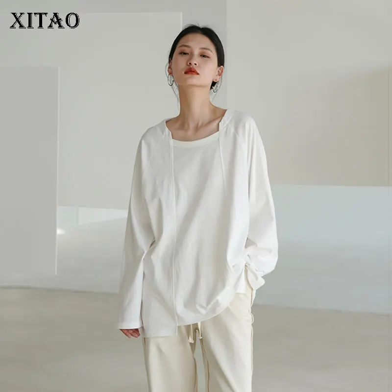 

XITAO, однотонная Повседневная футболка, свободная, простая, модная, с квадратным воротником, пуловер, Женский Топ, весна, новинка, универсальн...