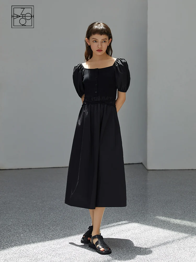 

ZIQIAO Casual DressSummer 2021 French Dress Summer Thin Waist Long Skirt Dresses Women Puff Sleeve Temperament Black Dress