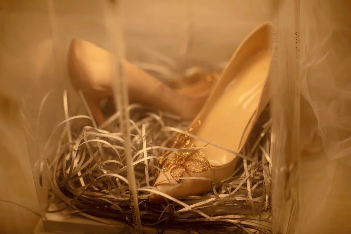 

Original Custom Antique Crystal Beads Butterfly Dragonfly Champagne Nude Color High-heeled Satin Women's Shoes Bridal Shoes