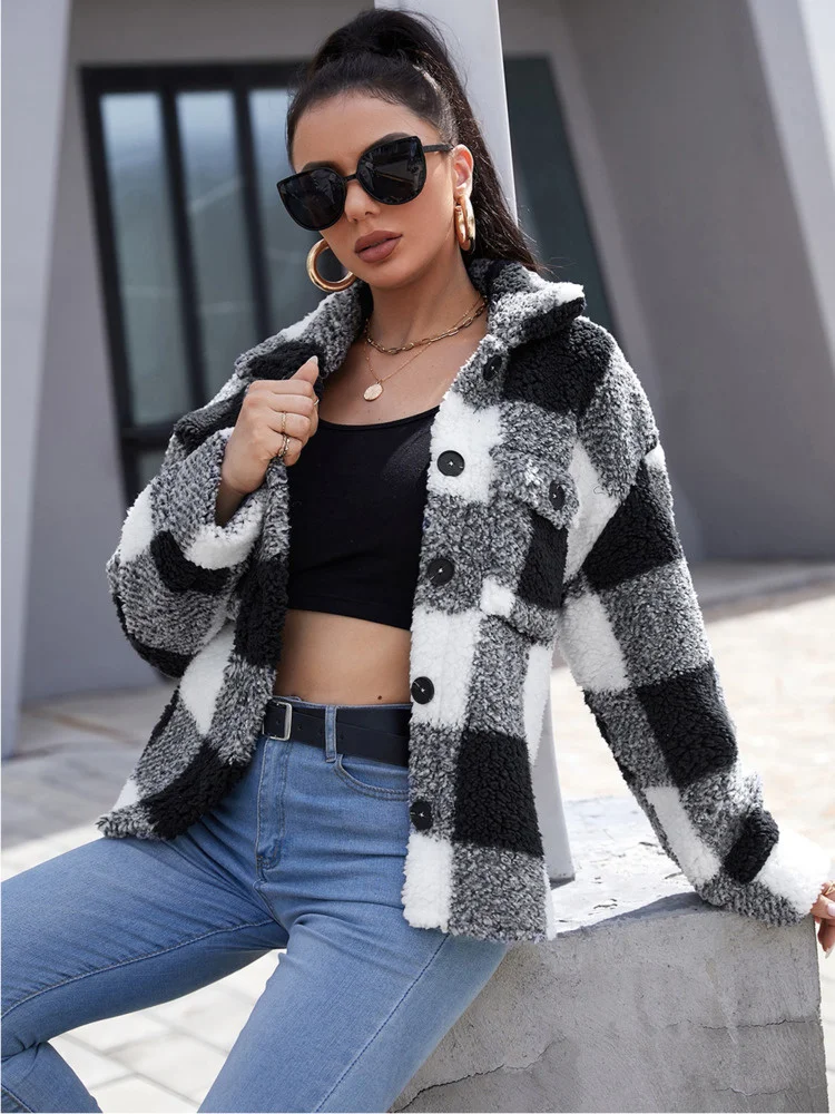 Женская однобортная клетчатая рубашка LiTi с отложным воротником темпераментная