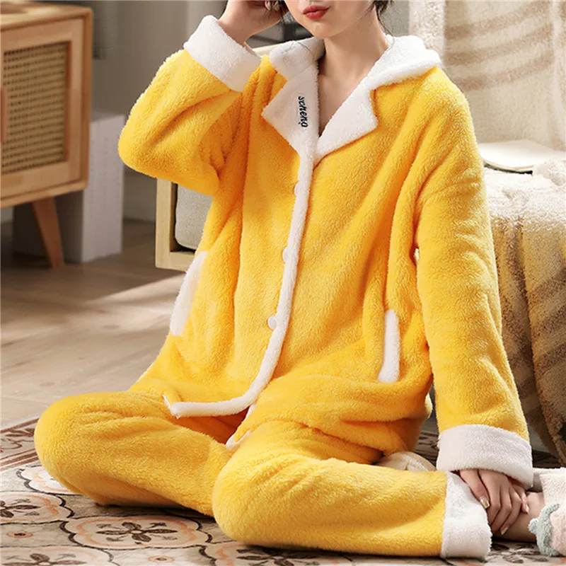 Nibesser Pajamas Set Women Winter 2pcs Pyjamas Flannel Warm Long Sleeve+Pants Thicken Homewear Sweet Girl Comfy Soft Homewear