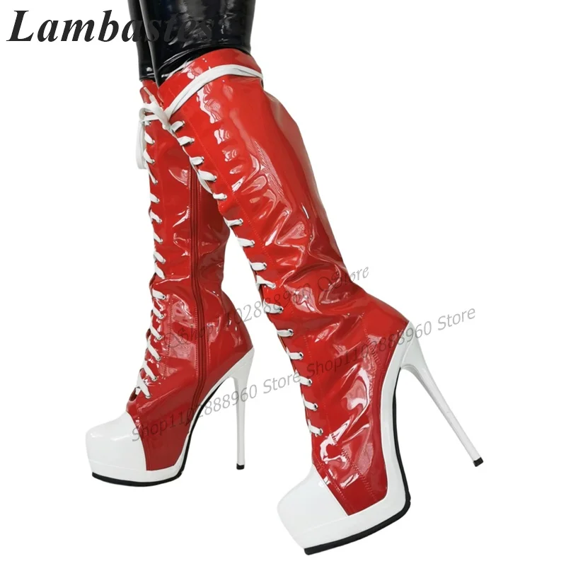 Женские лакированные сапоги до колена красные из лакированной кожи на платформе
