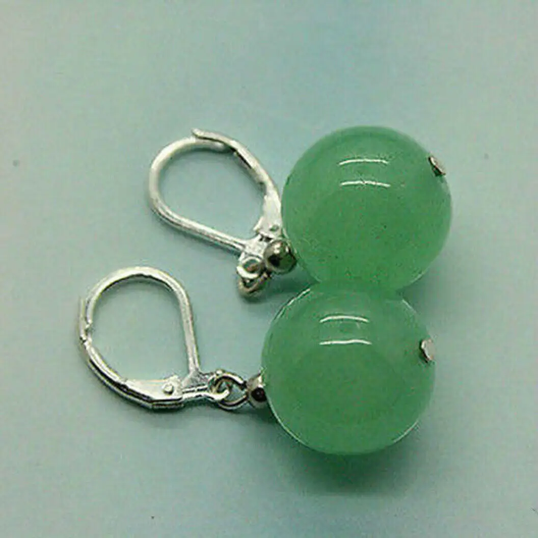 

BEAUTIFUL 10MM NATURAL GREEN JADE GEMSTONE SILVER HOOK DROP / DANGLE EARRINGS
