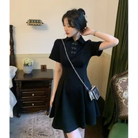 new chinese polo collar dress for women in summer 2022 new retro western style slim fitting black a line skirt