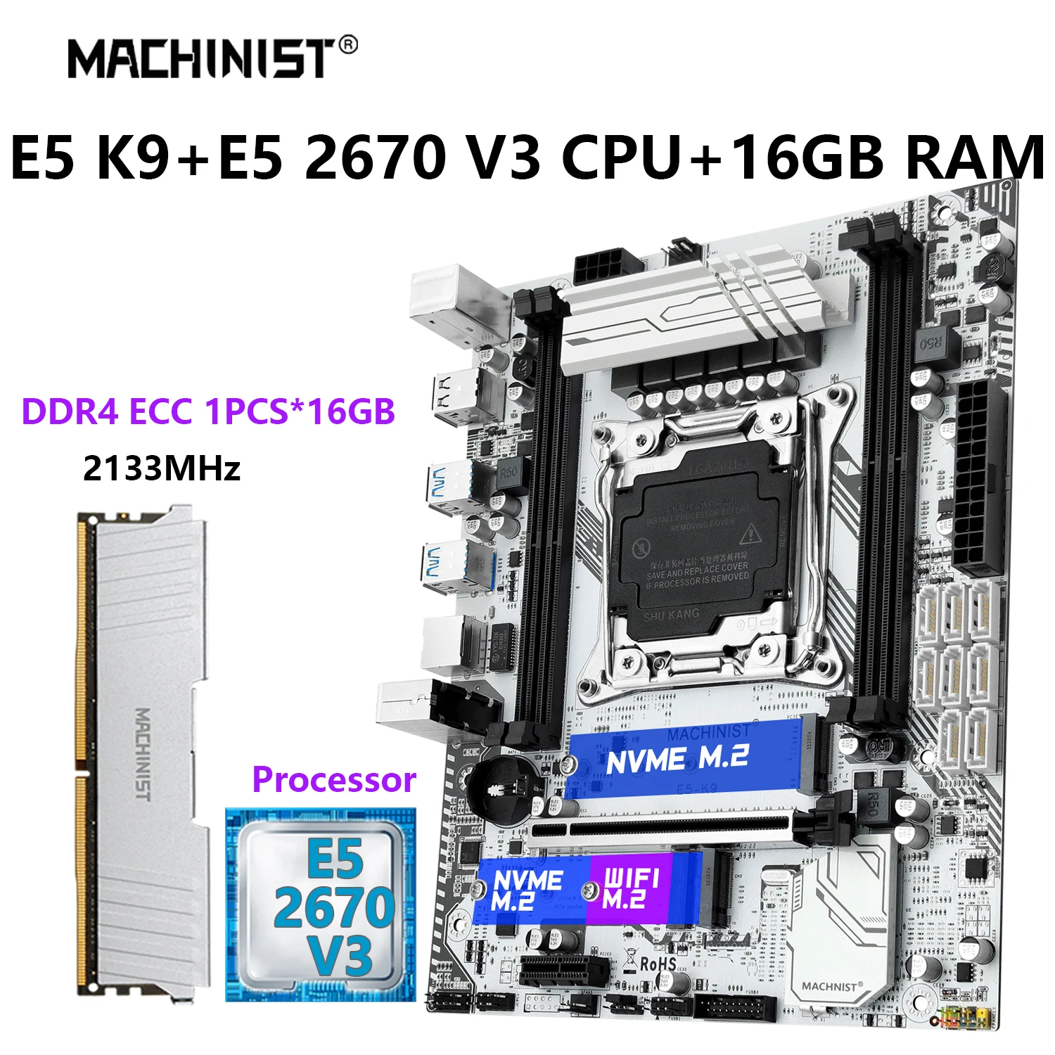 

MACHINIS комплект X99 k9 материнская плата LGA 2011-3 комплект процессора Intel Xeon E5 2670 V3 ЦП ecc 16 Гб DDR4 ПАМЯТЬ Combo nvme m.2 USB3.0