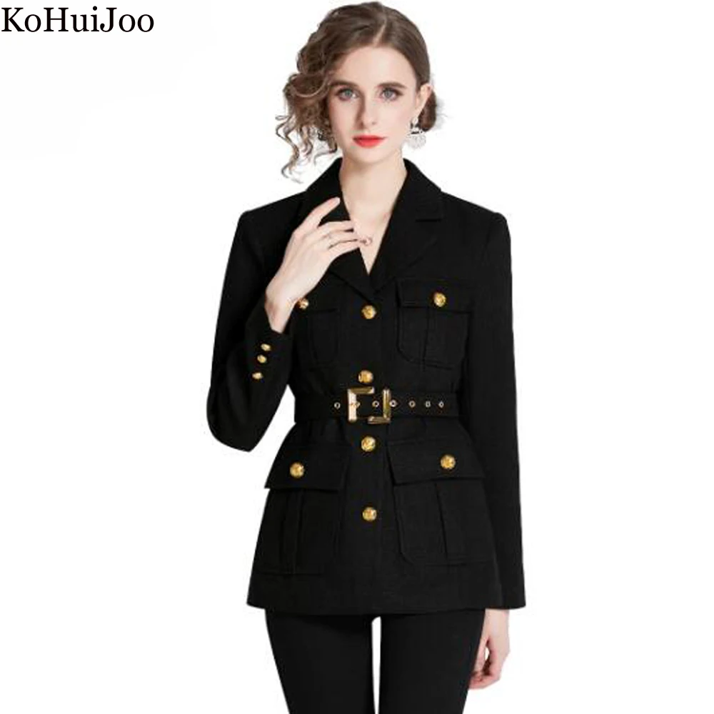 KoHuiJoo Vintage Ladies Woolen Coat British Style Autumn Winter New Multi Pocket Design Medium Long Slim Female Tweed Jacket