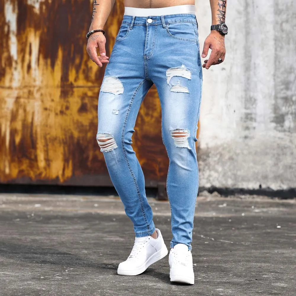 

Рваные узкие джинсы в уличном стиле, мужские Модные Винтажные однотонные джинсовые брюки, мужские повседневные зауженные джинсовые брюки-карандаш, горячая распродажа