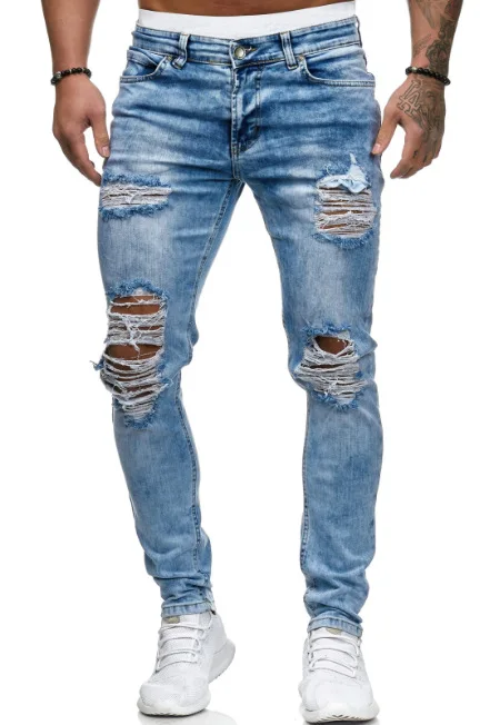 Autumn Fashion Men's Ripped Skinny Jeans Destroyed Frayed Slim Fit Denim Pant  Straight Hip Hop Blue Street Dance Trousers