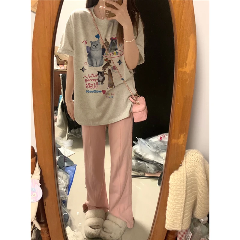 

American Retro O-Neck Summer Y2k Camisetas Short Sleeve Loose Tops Tees Cartoon Print Tshirt Women Fashion Harajuku Kawaii