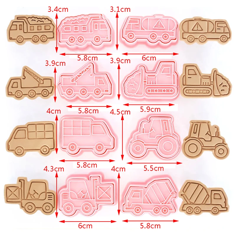 

8 Pcs Engineering Truck Tractor Crane Cookie Mold Cutters Plastic 3D Cartoon Pressable Biscuit Mold Kitchen Baking Pastry Tools