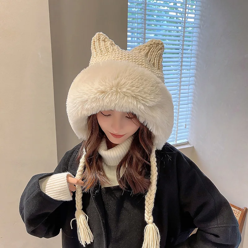 

2022 Winter Warm Knitted Hat Fur Women Hat with Earflap Two Balls Lady Outdoor Thicken Plush Fluffy Cap Russian Hats for Women