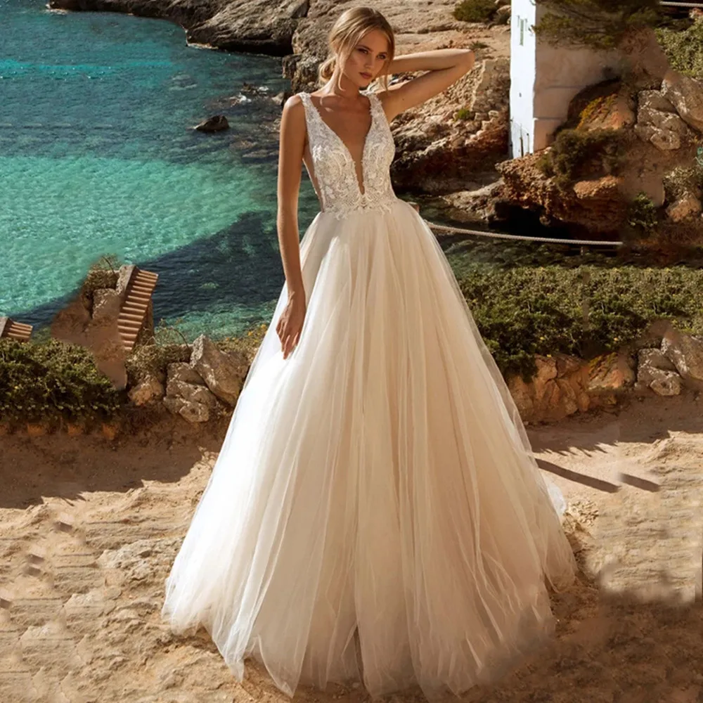 

Princess V-Neck Wedding Dress Lace Applique Open Back Sweep Strain Bridal Gown For Women 2022 Custom Made Vestido De Novia