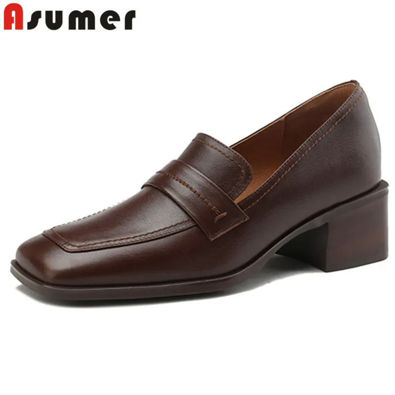 

ASUMER 2023 New Retro Ladies Spring Dress Pumps Genuine Leather Shallow Shoes Woman Slip On Square Med Heels Shoes