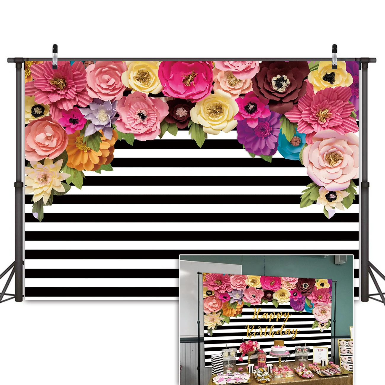 

Classic Black and White Stripe Romantic flowers flora Wedding Birthday Party Photography Backdrop Banner Decoration background