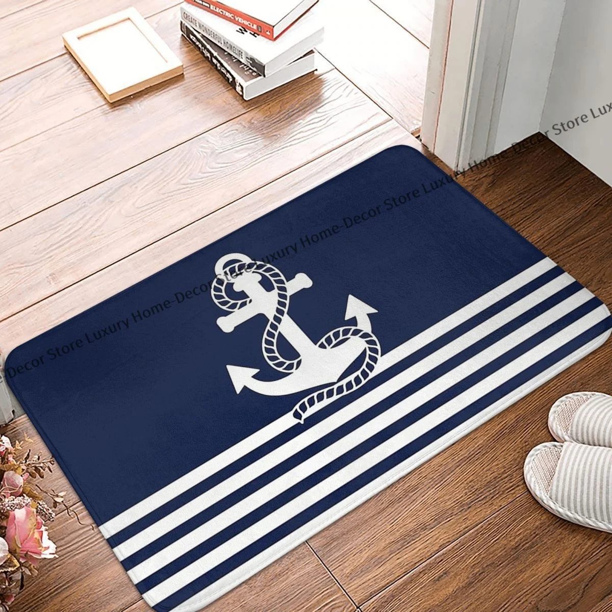 

Non-slip Doormat Living Room Mat Nautical Red White Stripes Red Anchor Blue Background Balcony Carpet Welcome Rug Indoor Decor