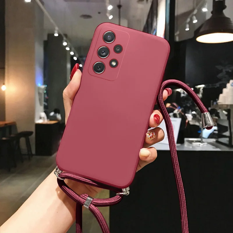 

Necklace Strap Liquid Silicone Case For Samsung Galaxy A53 A34 A54 A14 A52 A52s A73 A72 A12 S21 S22 S23 Plus Note 20 Ultra Cover