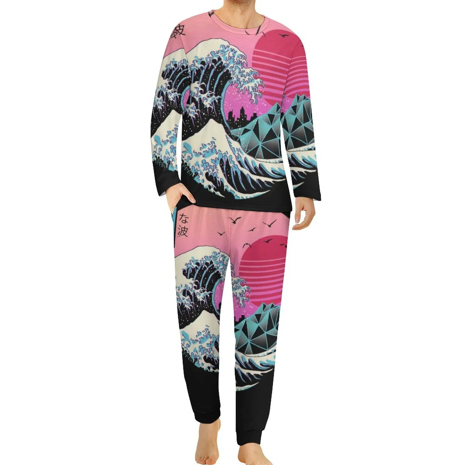 

Пижама The Great Wave Y2k в стиле ретро, Мужская романтическая Пижама с красным солнцем и длинным рукавом, комплект из 2 предметов, Повседневная Осенняя Ночная одежда с принтом