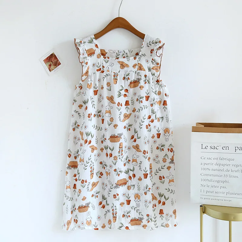 2023 Summer New Women's Sleeping Dress 100% Cotton Crepe Women's Tank Top Dress Cute Sweet Slim Slim Loose Size Home Dress