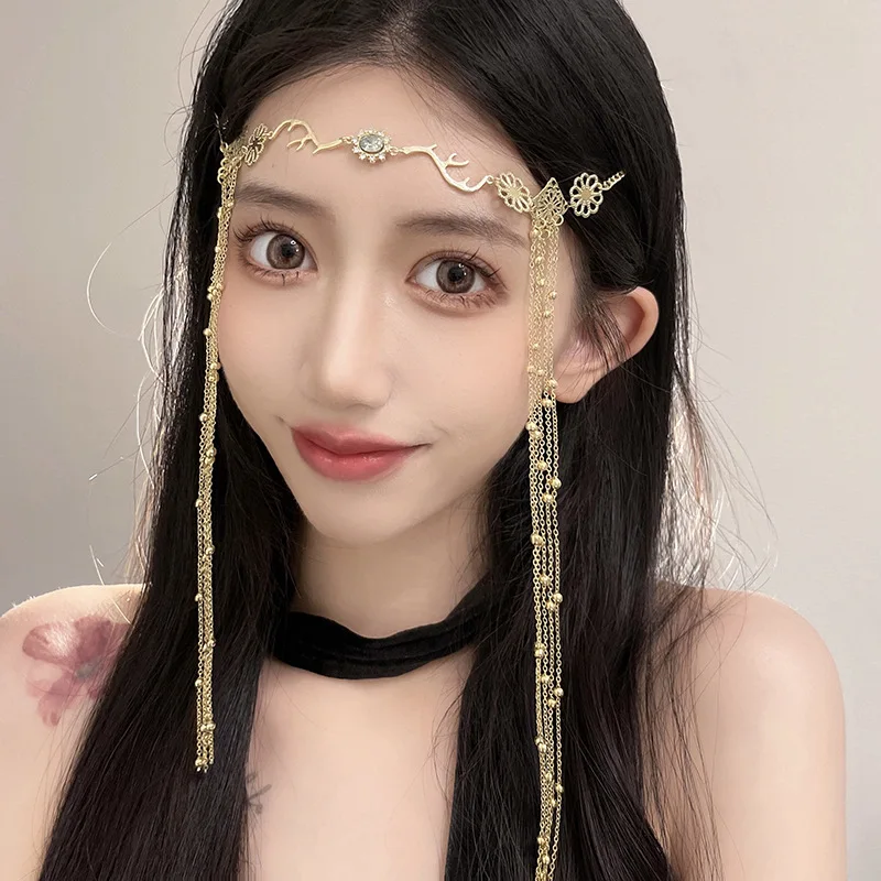 

1PC Vintage Crystal Tassel Headpiece Palace Hair Accessories Hair Clip Butterfly Pearl Forehead Decoration Facing Curtain Veil
