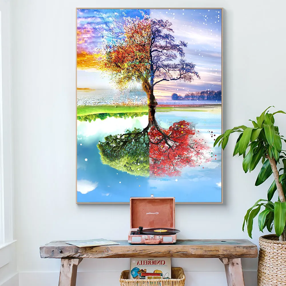 

Abstract Nordic Wall Paintings Posters Wall Art Canvas Prints Magical Four Season Tree Picture for Living Room Home Decoration