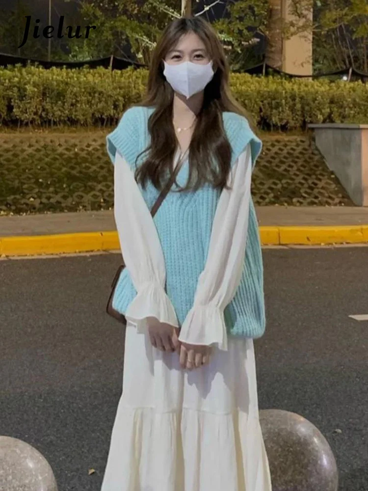 

Милое шифоновое женское платье Chicly из двух частей с оборками на рукавах, французское осеннее базовое свободное женское платье, синее трикотажное женское платье без рукавов