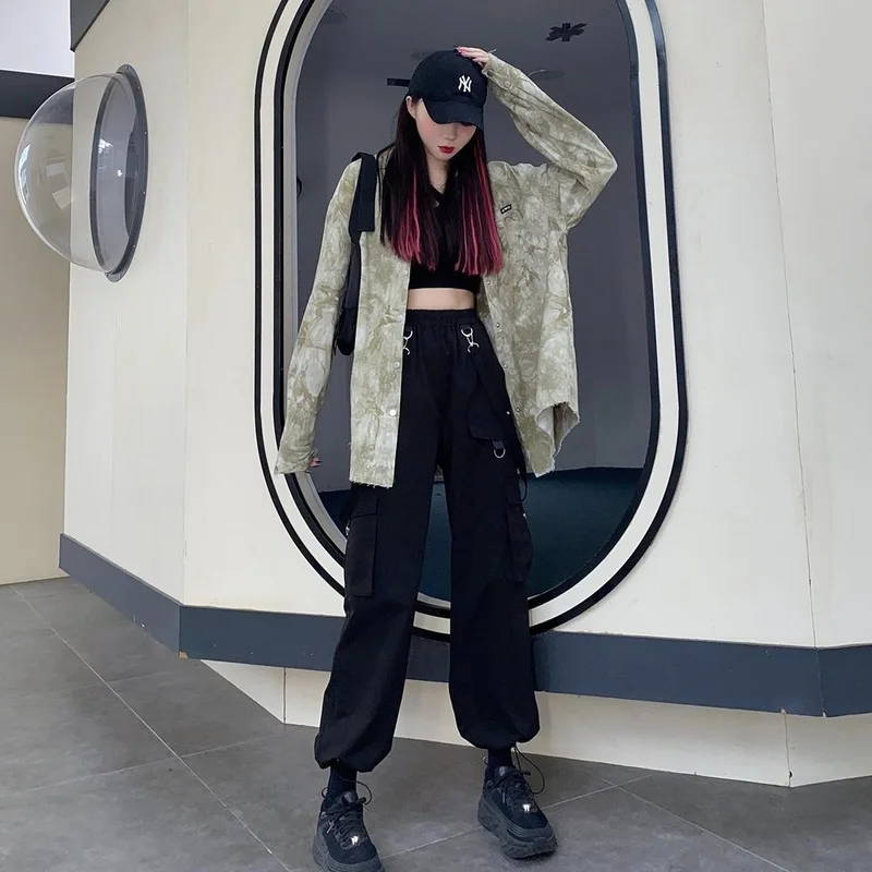 HOUZHOU Black Cargo Pants Women Streetwear Harajuku Gothic High Waist Trousers Techwear Kpop Oversized Autumn Winter Loose Pants
