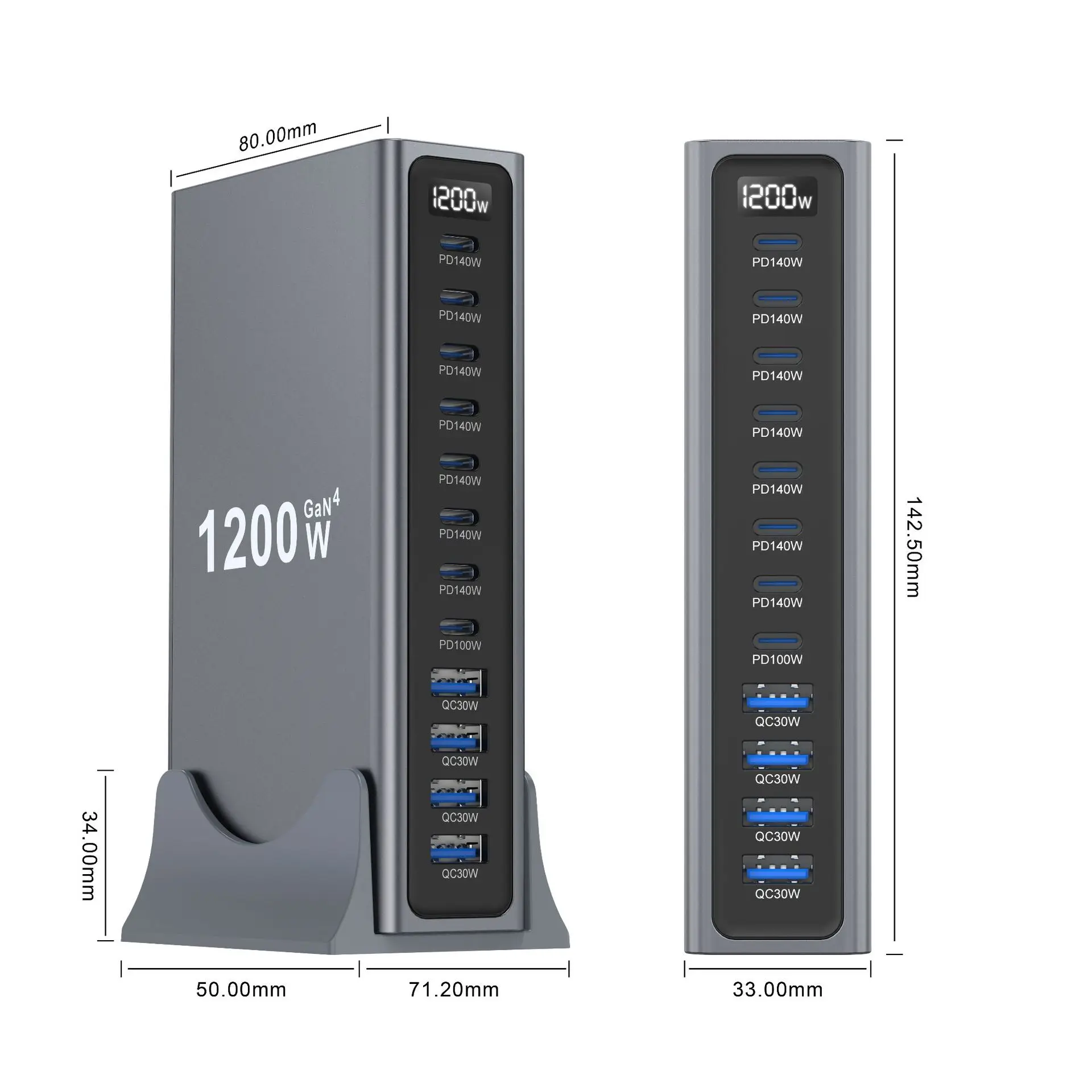 1200W GaN 12-портовое настольное быстрое зарядное устройство PD3.1 USB Type-C, станция быстрой зарядки, адаптер для мобильных устройств и планшетов, многопортовый USB-хаб (art.: 3920dbde724cb) - 3920dbde724cb