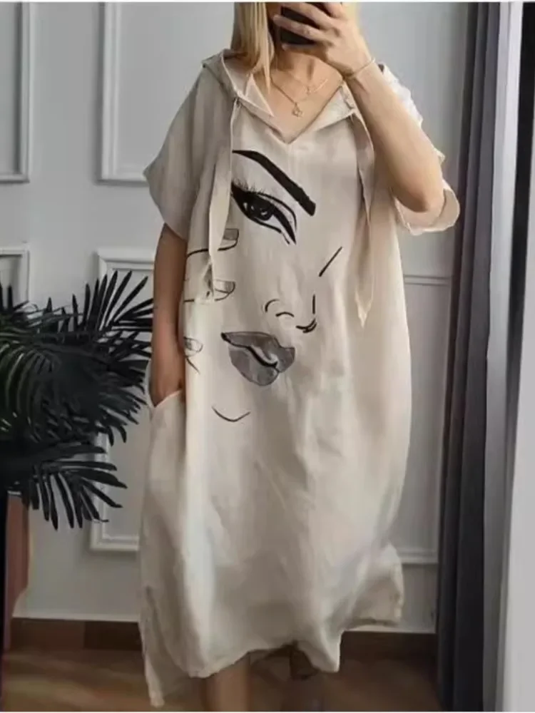 Повседневное свободное длинное платье с капюшоном женское модное большого