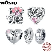 wostu 925 sterling silver sweet pink cat claw charms love heart pet animal beads fit original bracelet bangle diy jewelry making
