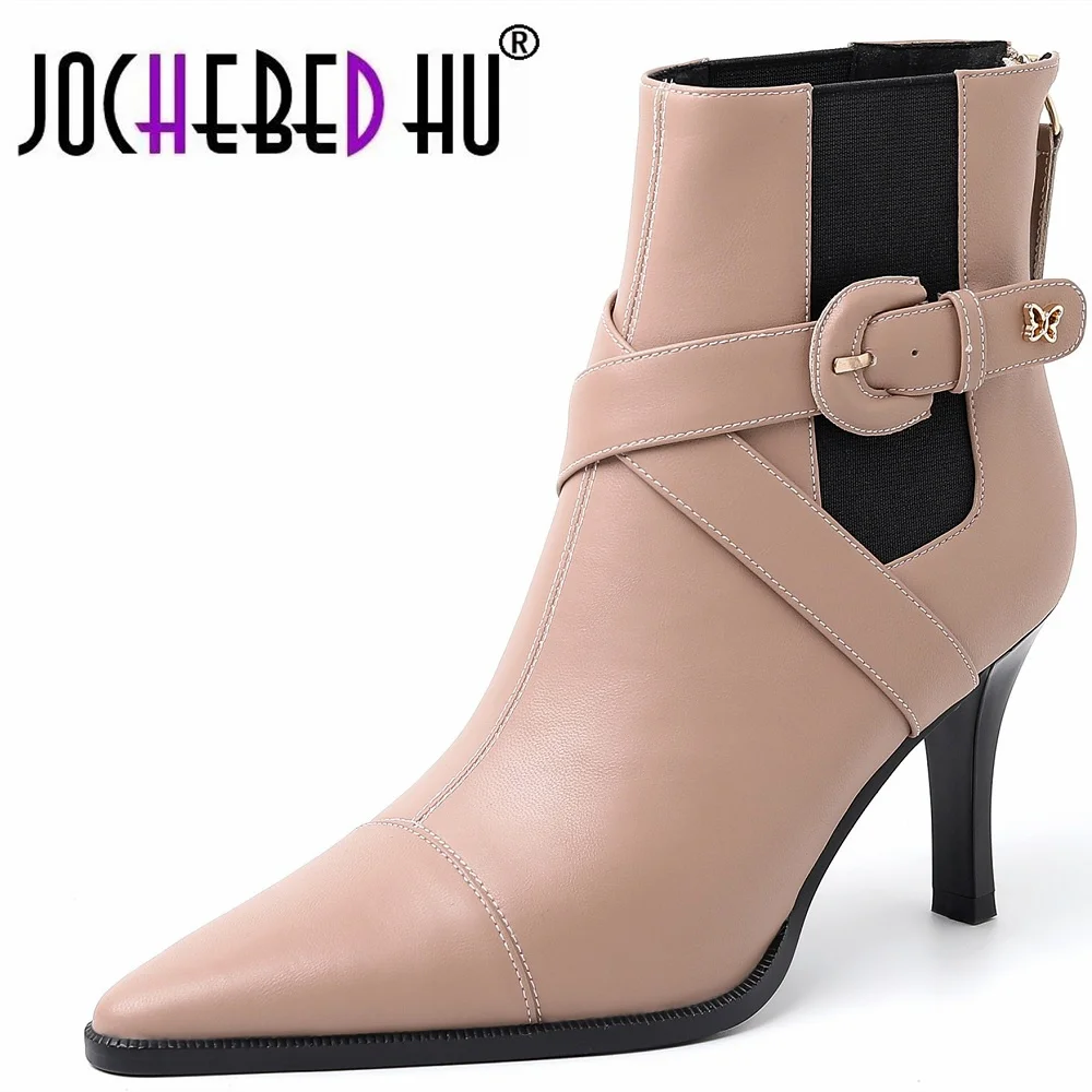 

[Jochebed hu】женские Зимние ботильоны с острым носком на шпильке с ремешком и пряжкой из натуральной кожи, низкие ботинки на молнии сзади, роскошный дизайн 40