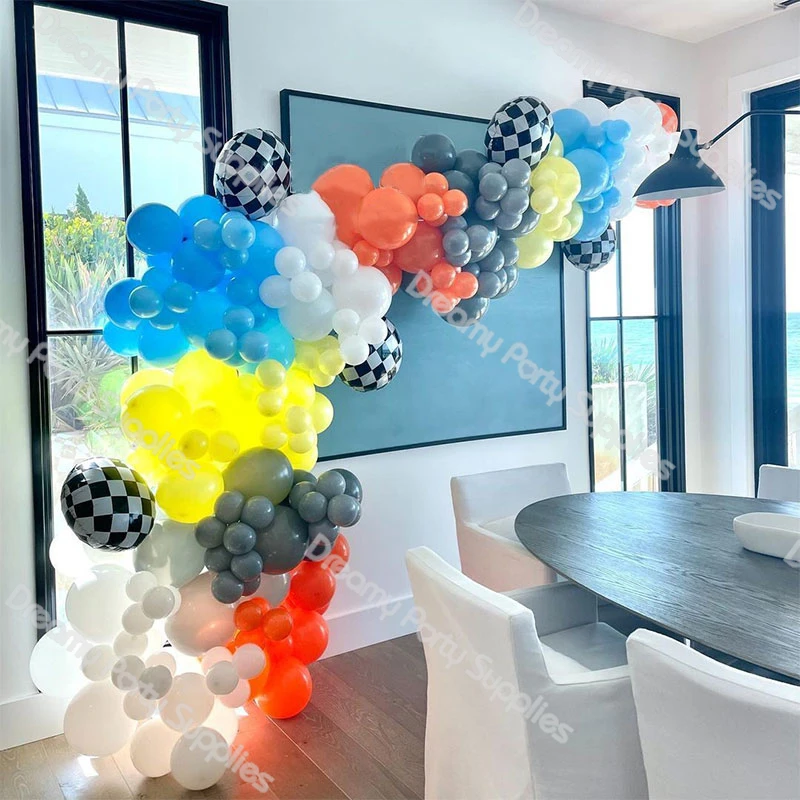 

Воздушные шары на день рождения с изображением гоночной машины, синие, черные, оранжевые, желтые, белые, красные, серые воздушные шары, гирля...