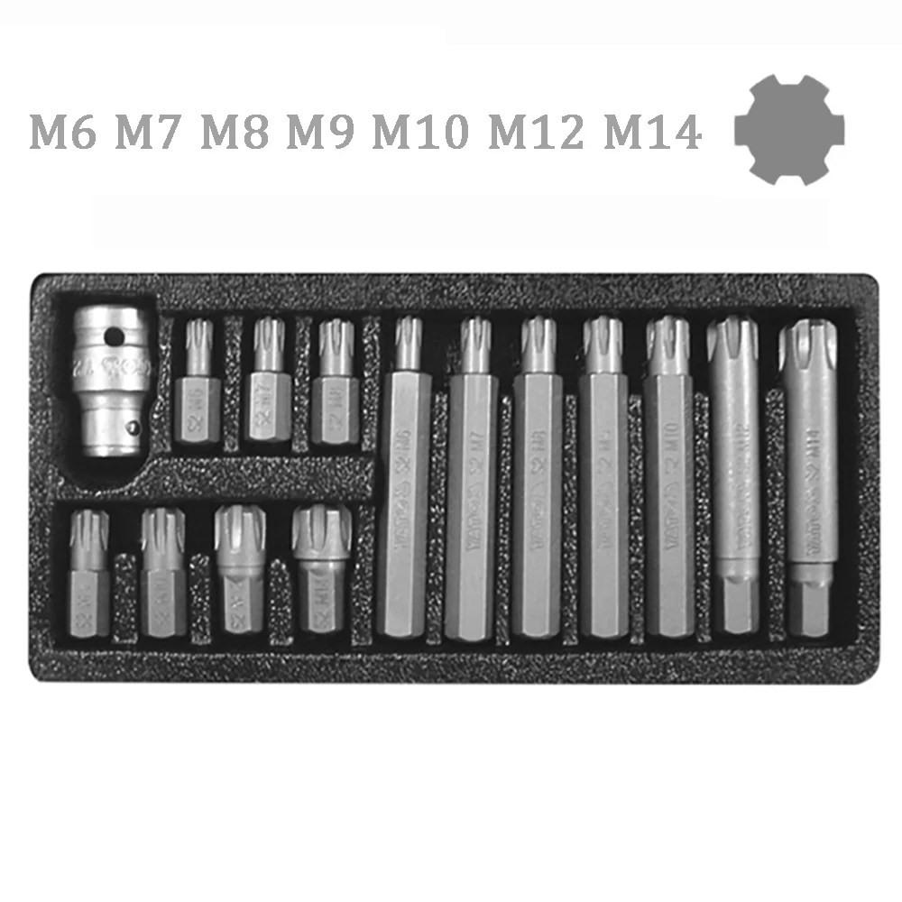 

15PC 10mm Shank Impact Screwdriver Tools Ribe Bit Set 30mm & 75mm Polydrive M6 M7 M8 M9 M10 M12 M14 With 1/2" DR Socket Adapter