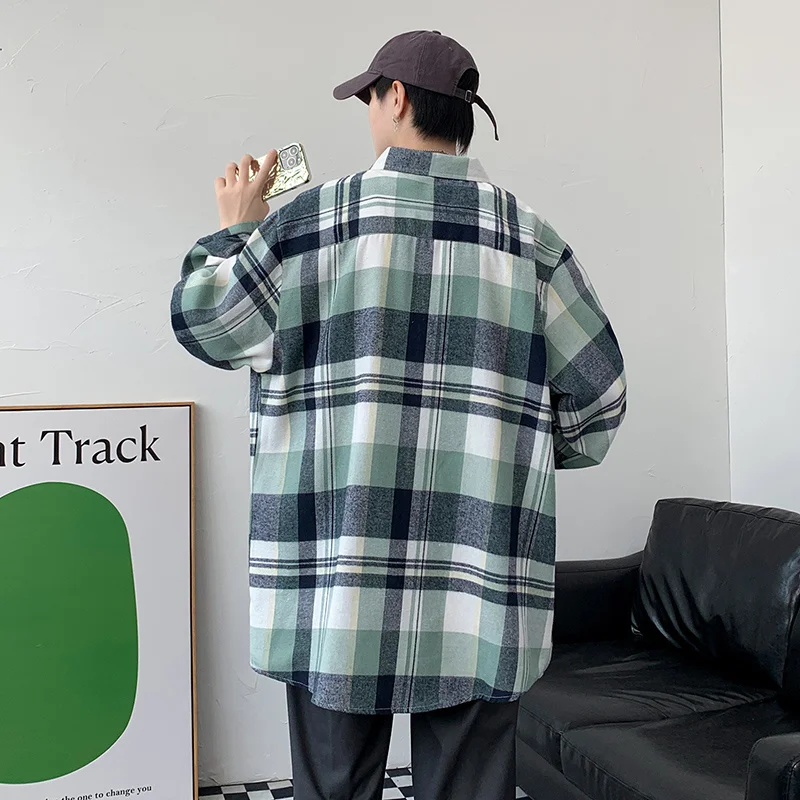 Autumn Plaid Shirt Men Fashion 4-color Retro Casual Shirt Men Streetwear Loose Long Sleeve Shirt Mens Large Size M-5XL