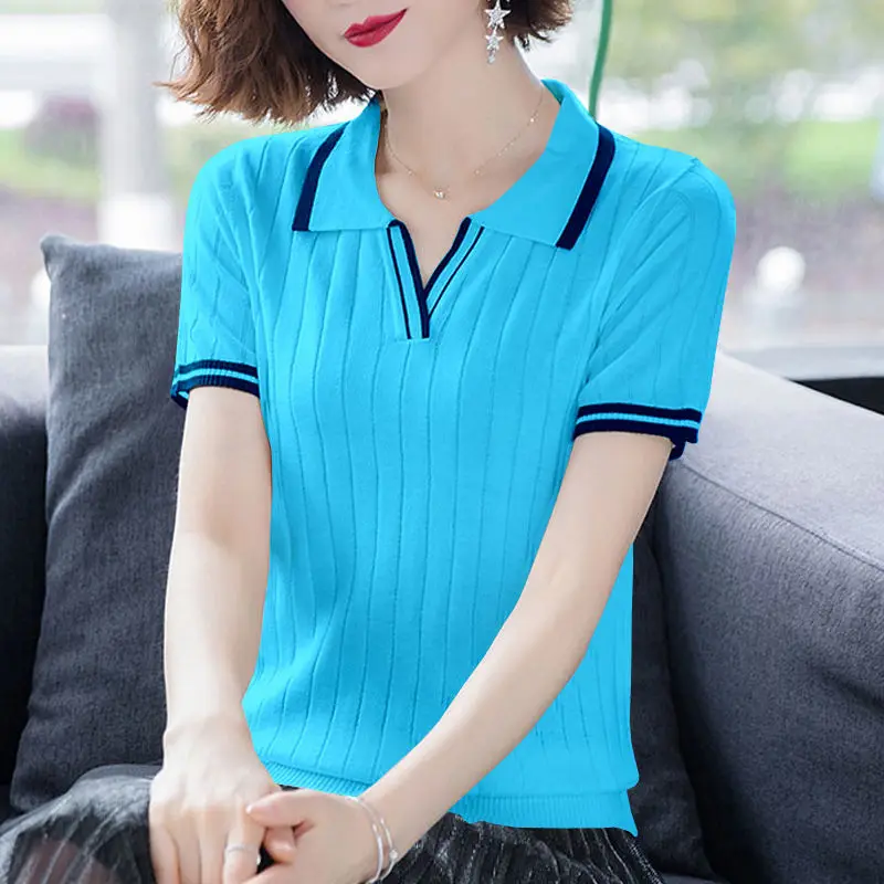 

Polo collar short sleeve T-shirt women's 2022 new thin summer dress middle-aged mother lapel coat ice silk sweater
