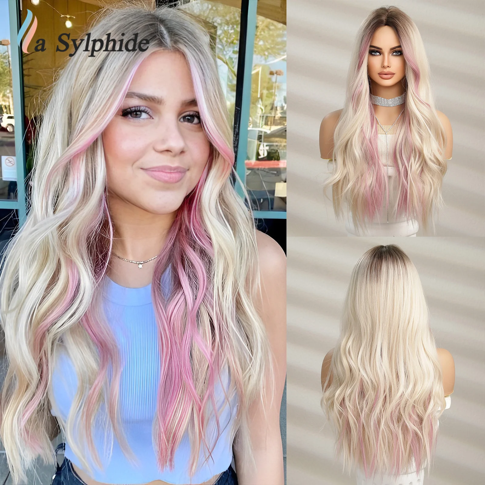 LaSylphide Длинный розовый парик с челкой Омбре синтетические парики для женщин