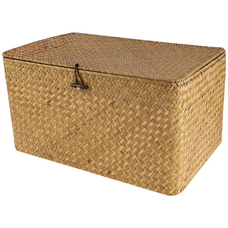 

3X Handmade Straw Woven Storage Basket With Lid Makeup Organizer Storage Seagrass Laundry Baskets Rattan Jewelry Box(L)