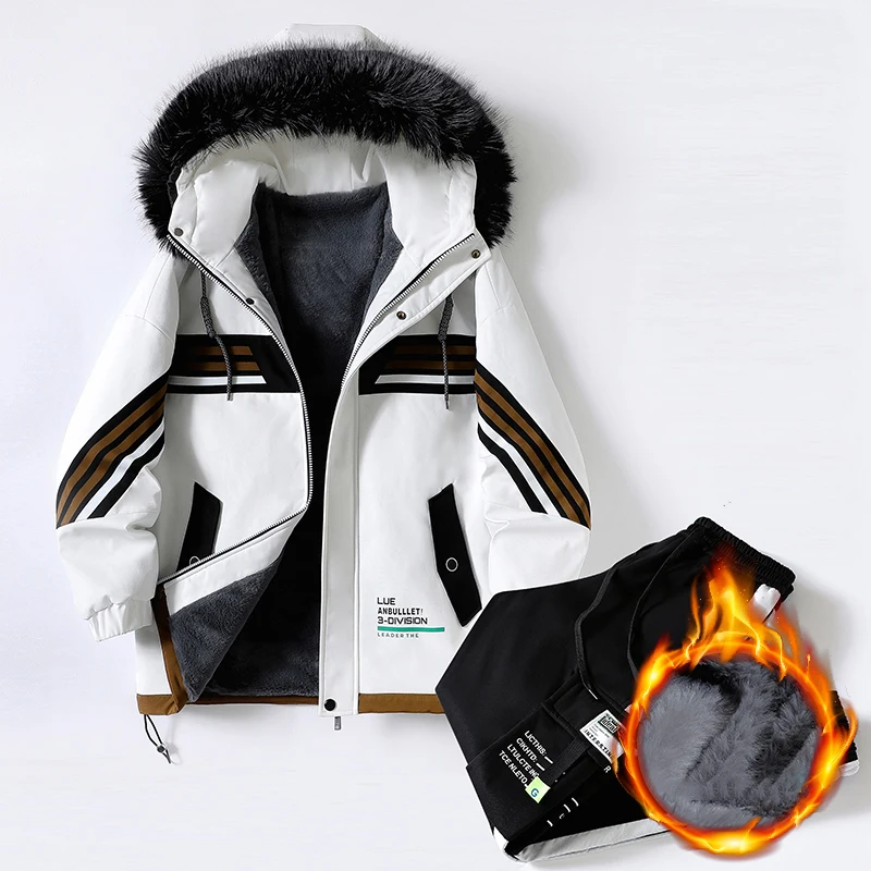 Winter Thickened Hooded Coat Men's Long Fur Velvet Jacket Parker Youth Casual Versatile Warm Suit Coats+Pants Drop Ship