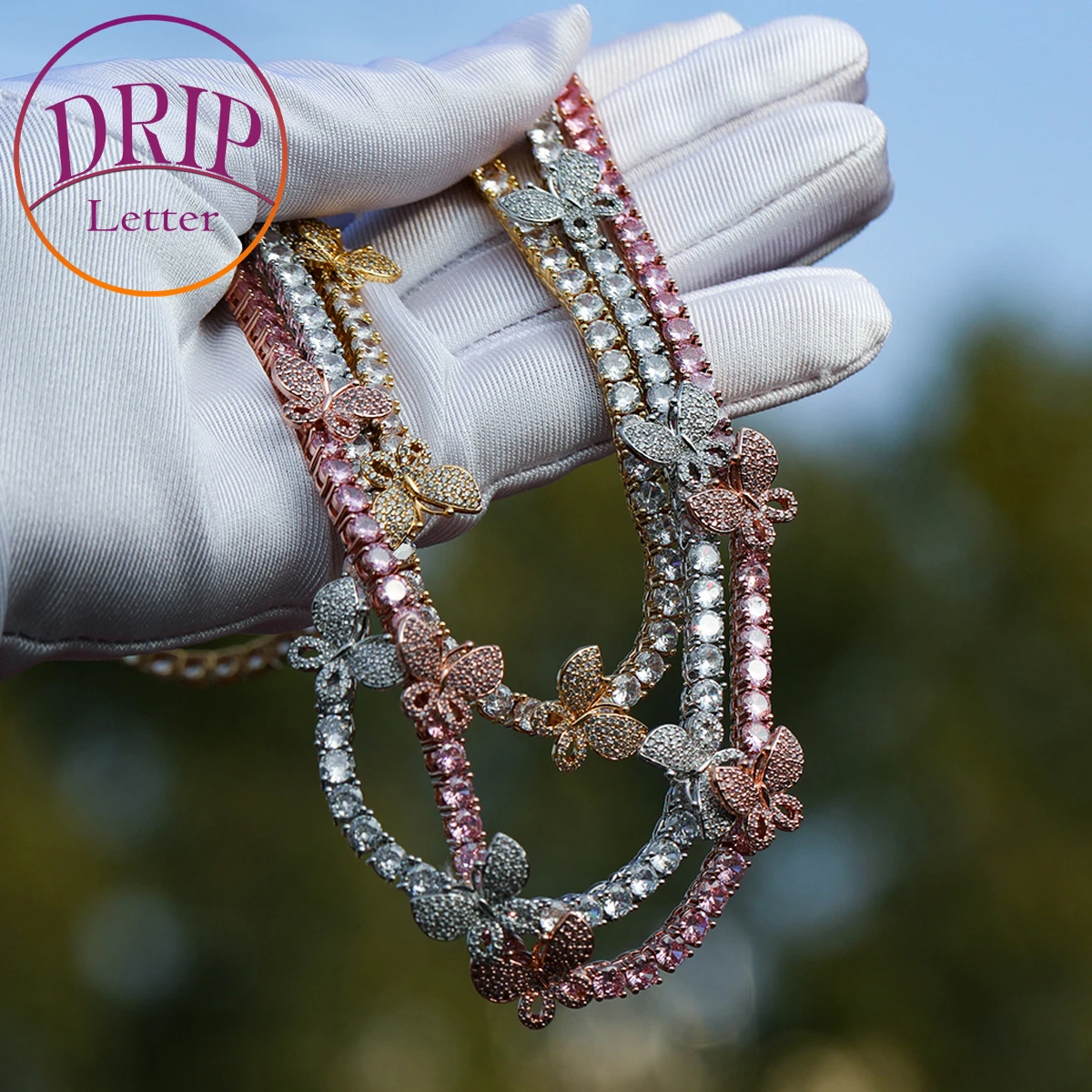 

Drip Letter Butterfly Tennis Chain for Women Choker Iced Out Charms Hip Hop Jewelry