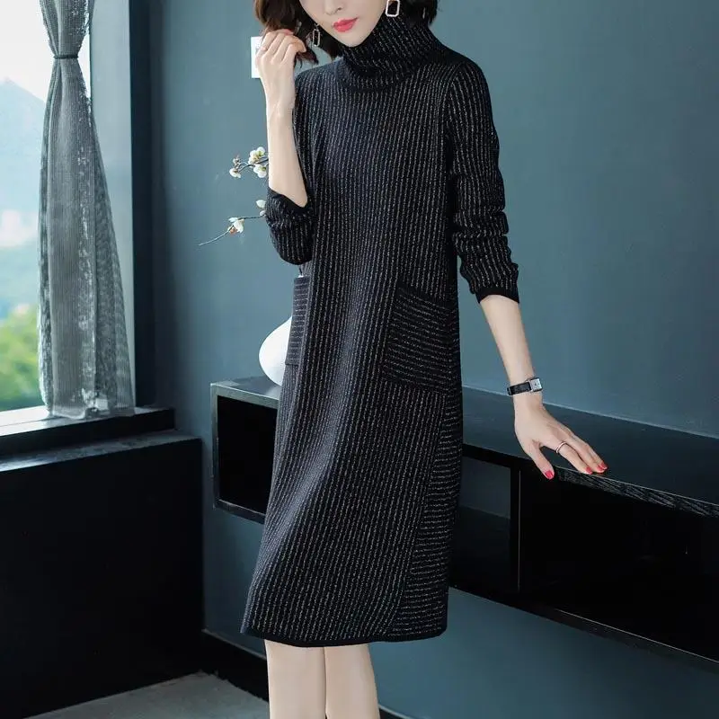 

Woman Oversize Long Knit Sweater Dress Female Warm Turtleneck Dress Ladies High Street Baggy Midi Basic Pullover Dresses G186