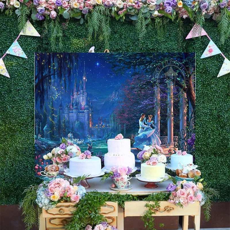 

Disney Custom Cinderell Dreamy Castle The Starry Sky Backdrop Girls Princess Happy Birthday Party Decoration Backgrounds Banner